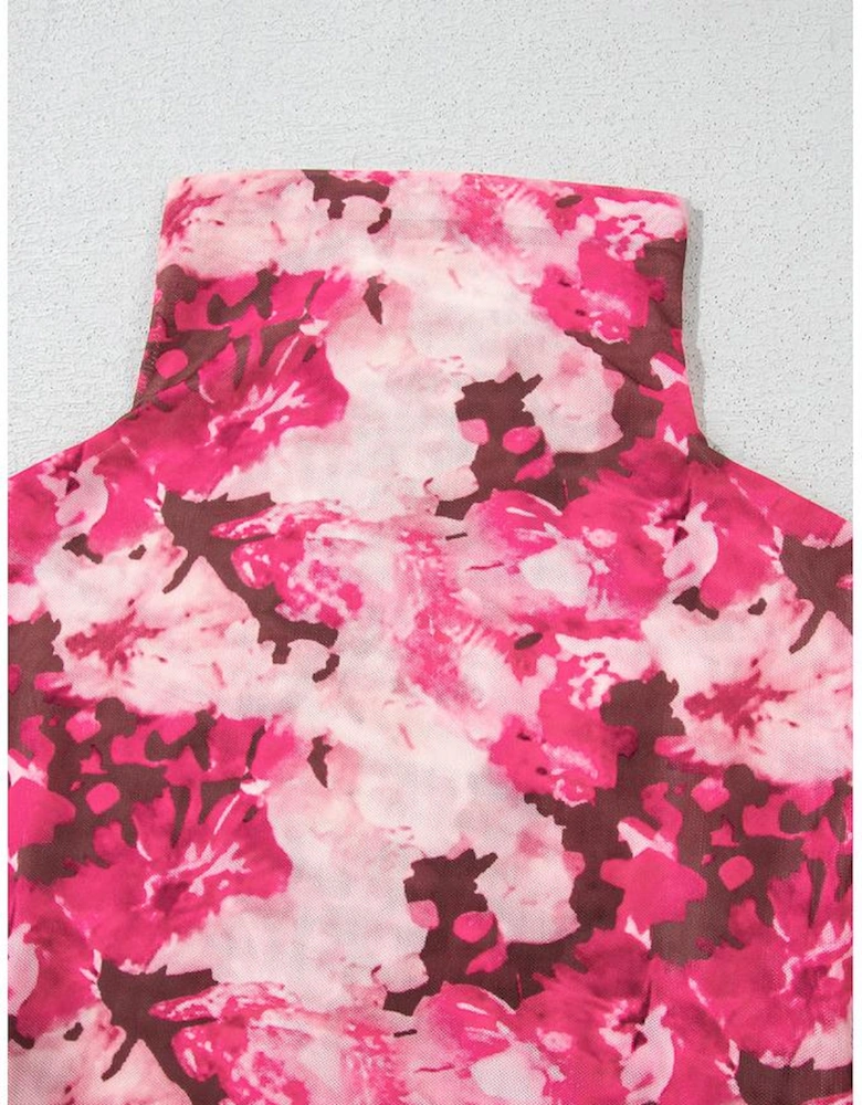 Rose Floral Mesh Flounce Sleeve Mock Neck Blouse