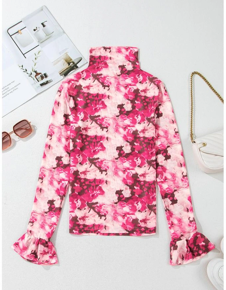 Rose Floral Mesh Flounce Sleeve Mock Neck Blouse