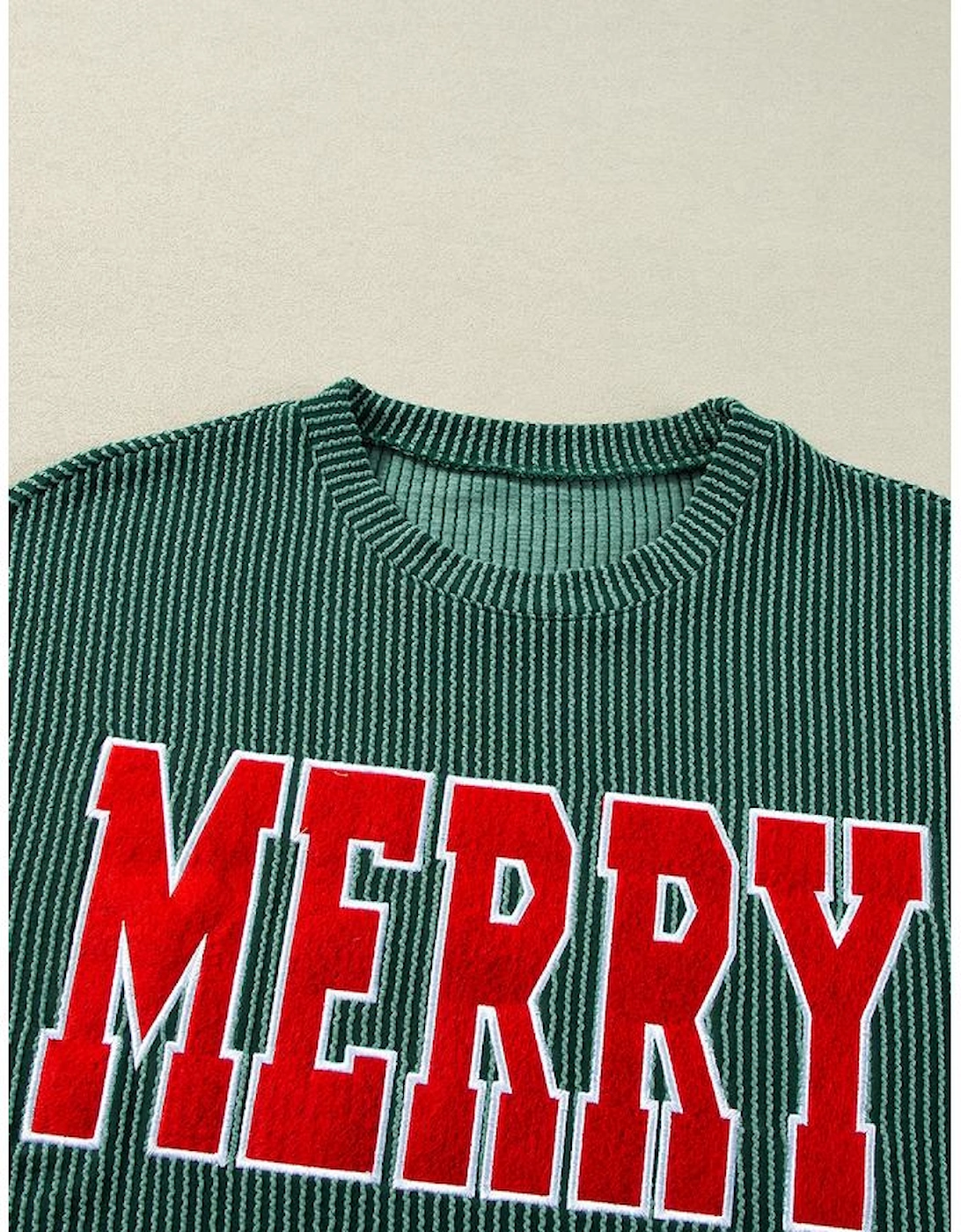 Evergreen Corded MERRY Graphic Long Sleeve Top and Shorts Set