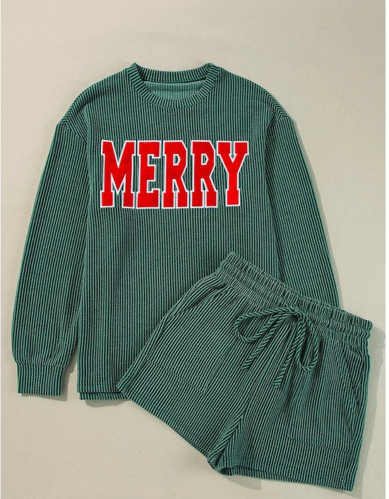 Evergreen Corded MERRY Graphic Long Sleeve Top and Shorts Set