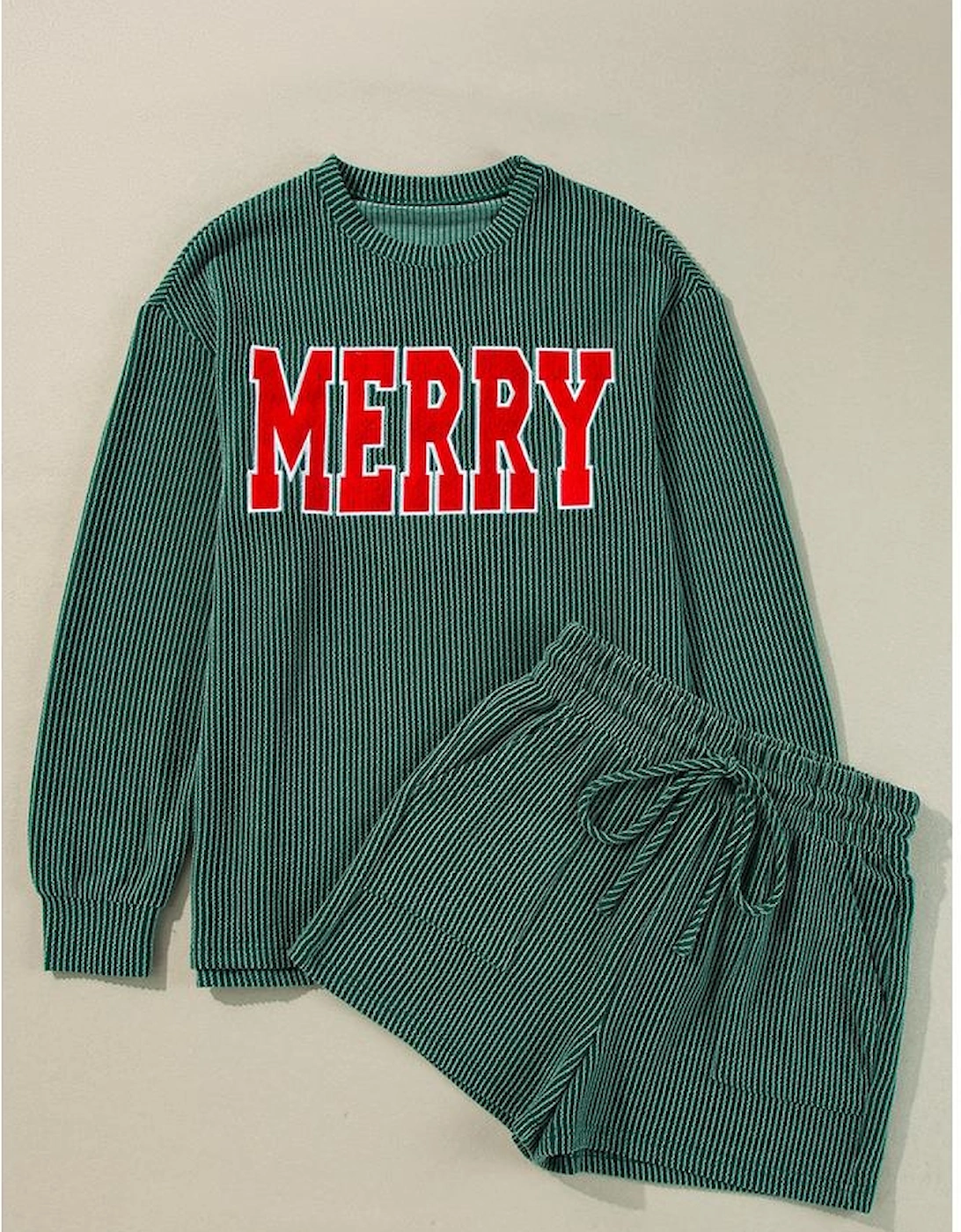 Evergreen Corded MERRY Graphic Long Sleeve Top and Shorts Set