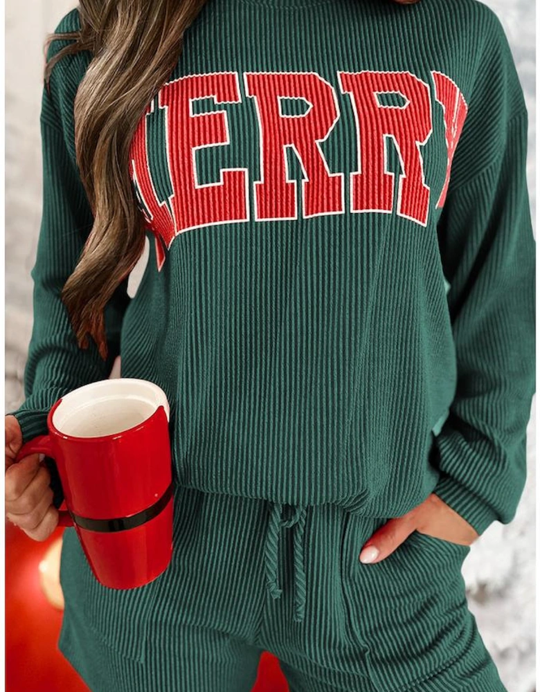 Evergreen Corded MERRY Graphic Long Sleeve Top and Shorts Set