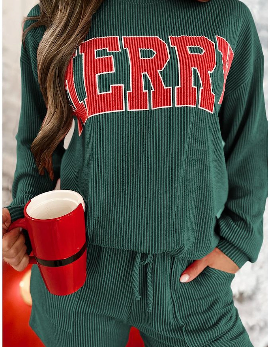 Evergreen Corded MERRY Graphic Long Sleeve Top and Shorts Set
