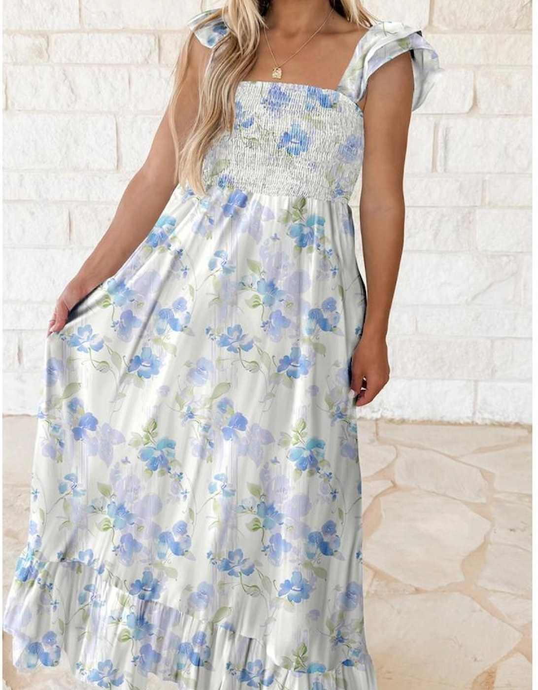 Sky Blue Floral Smocked High Waist Double Ruffle Sleeveless Long Dress