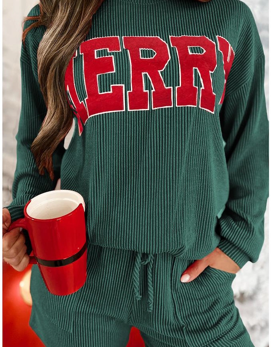 Evergreen Corded MERRY Graphic Long Sleeve Top and Shorts Set