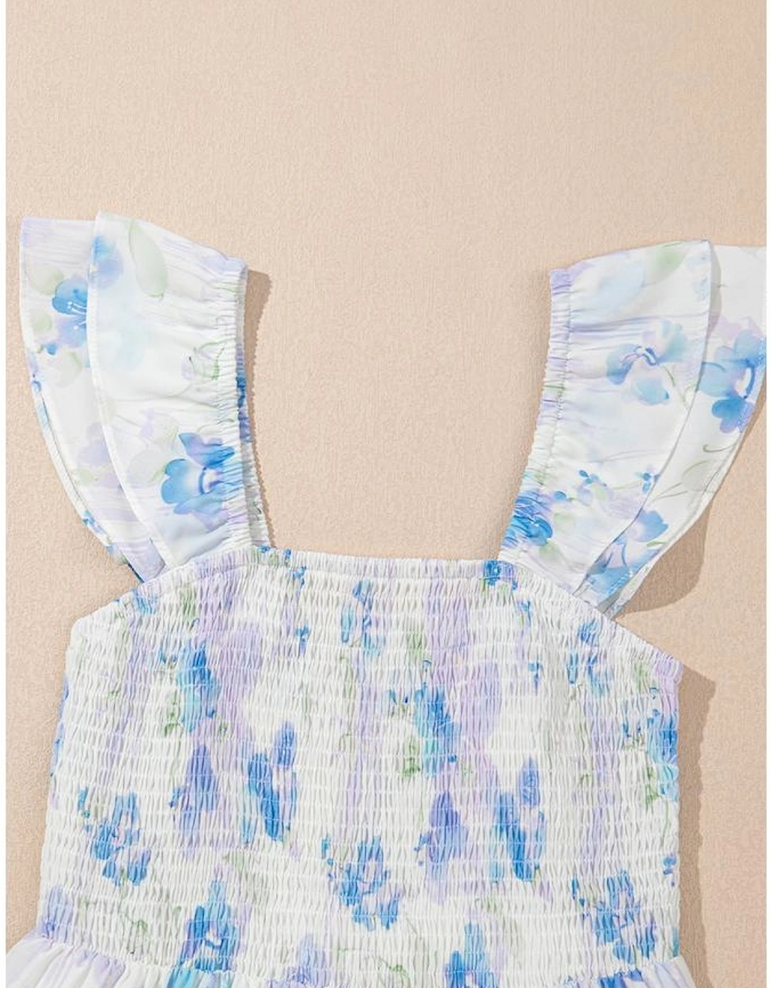 Sky Blue Floral Smocked High Waist Double Ruffle Sleeveless Long Dress