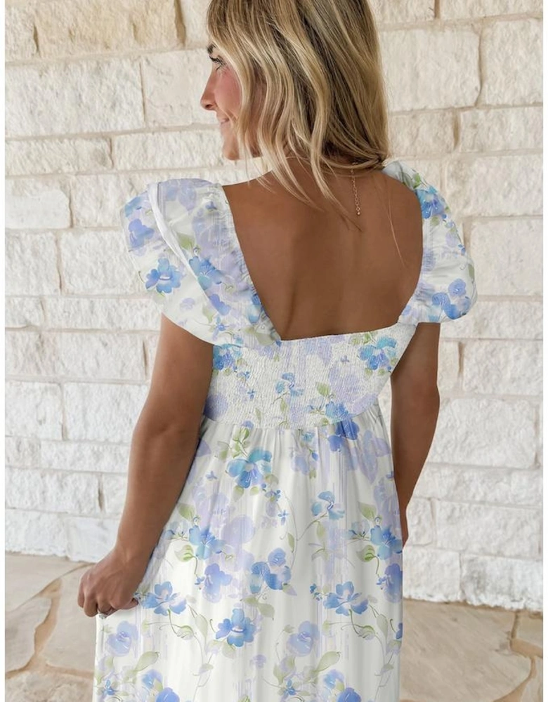 Sky Blue Floral Smocked High Waist Double Ruffle Sleeveless Long Dress