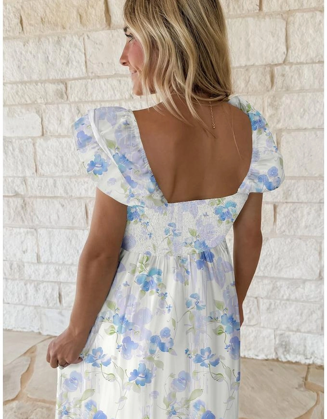 Sky Blue Floral Smocked High Waist Double Ruffle Sleeveless Long Dress, 12 of 11