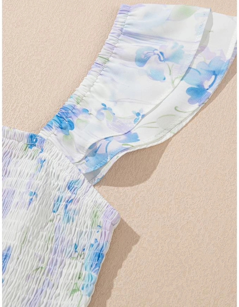 Sky Blue Floral Smocked High Waist Double Ruffle Sleeveless Long Dress