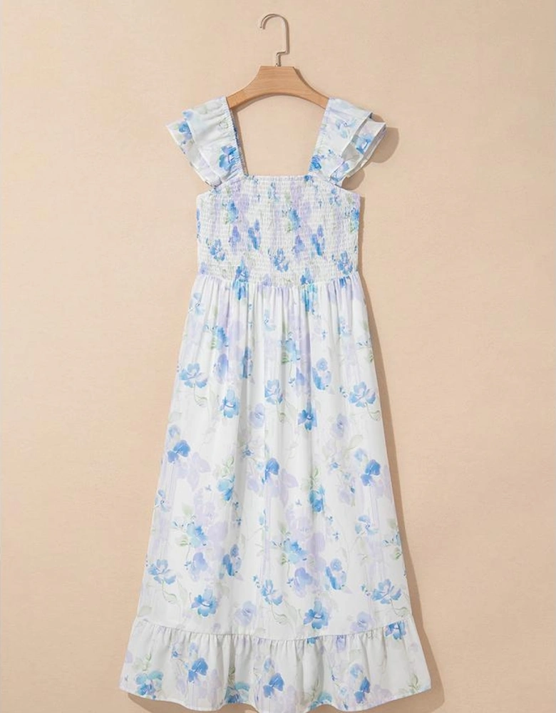 Sky Blue Floral Smocked High Waist Double Ruffle Sleeveless Long Dress