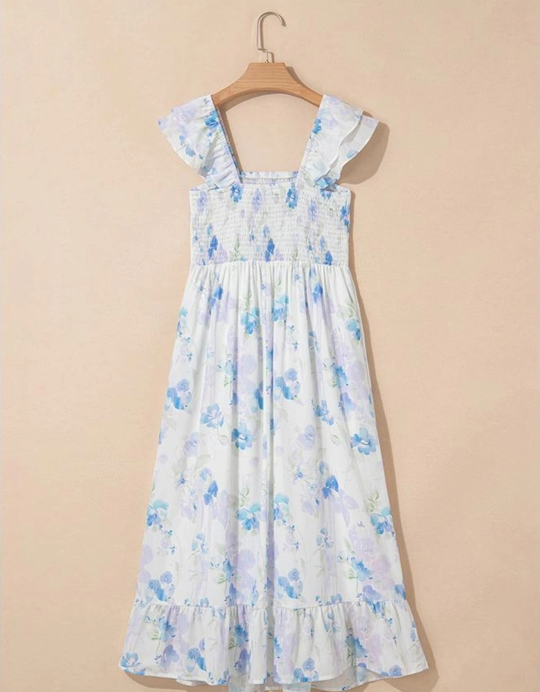 Sky Blue Floral Smocked High Waist Double Ruffle Sleeveless Long Dress
