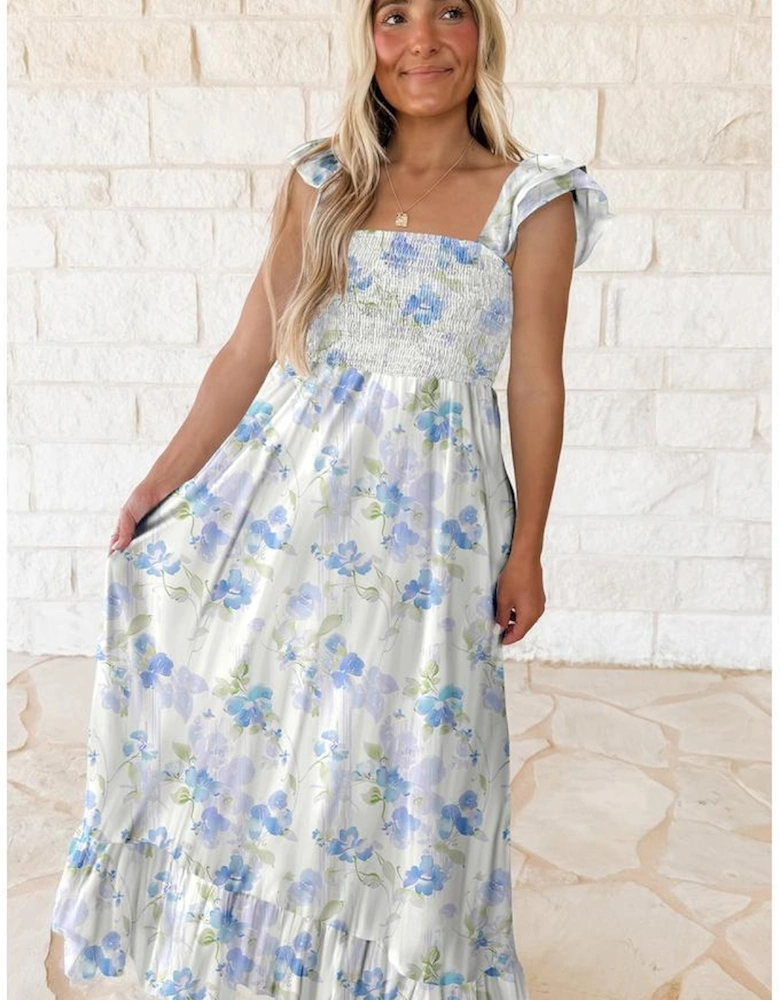 Sky Blue Floral Smocked High Waist Double Ruffle Sleeveless Long Dress