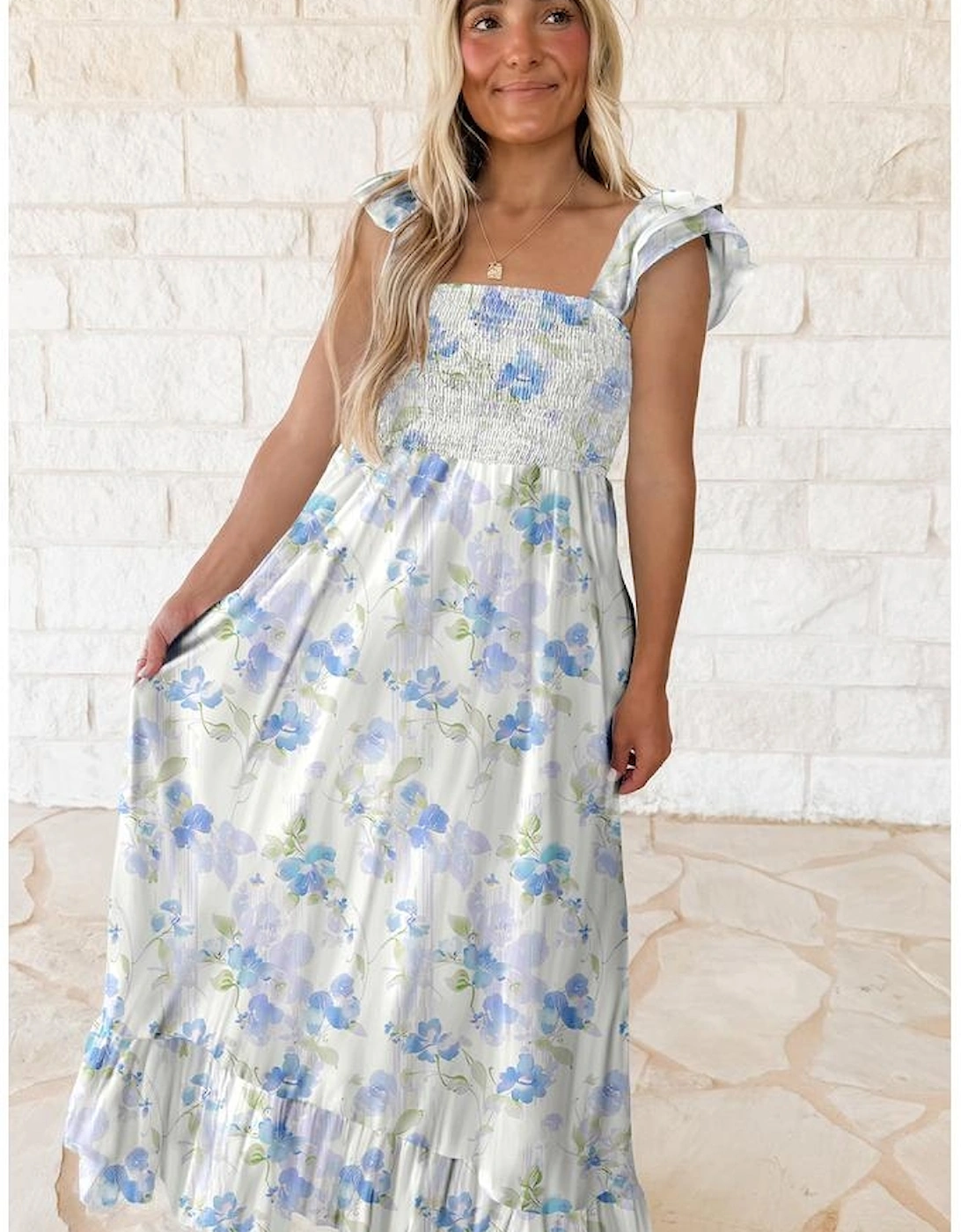 Sky Blue Floral Smocked High Waist Double Ruffle Sleeveless Long Dress