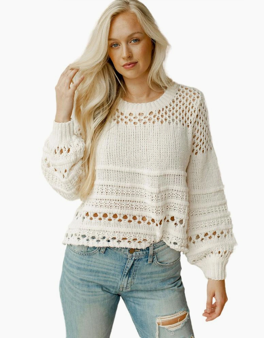 White Solid Color Pointelle Knit Puff Sleeve Sweater