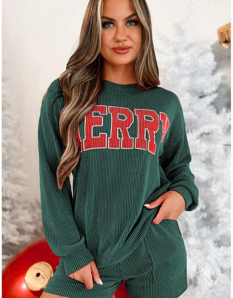 Evergreen Corded MERRY Graphic Long Sleeve Top and Shorts Set