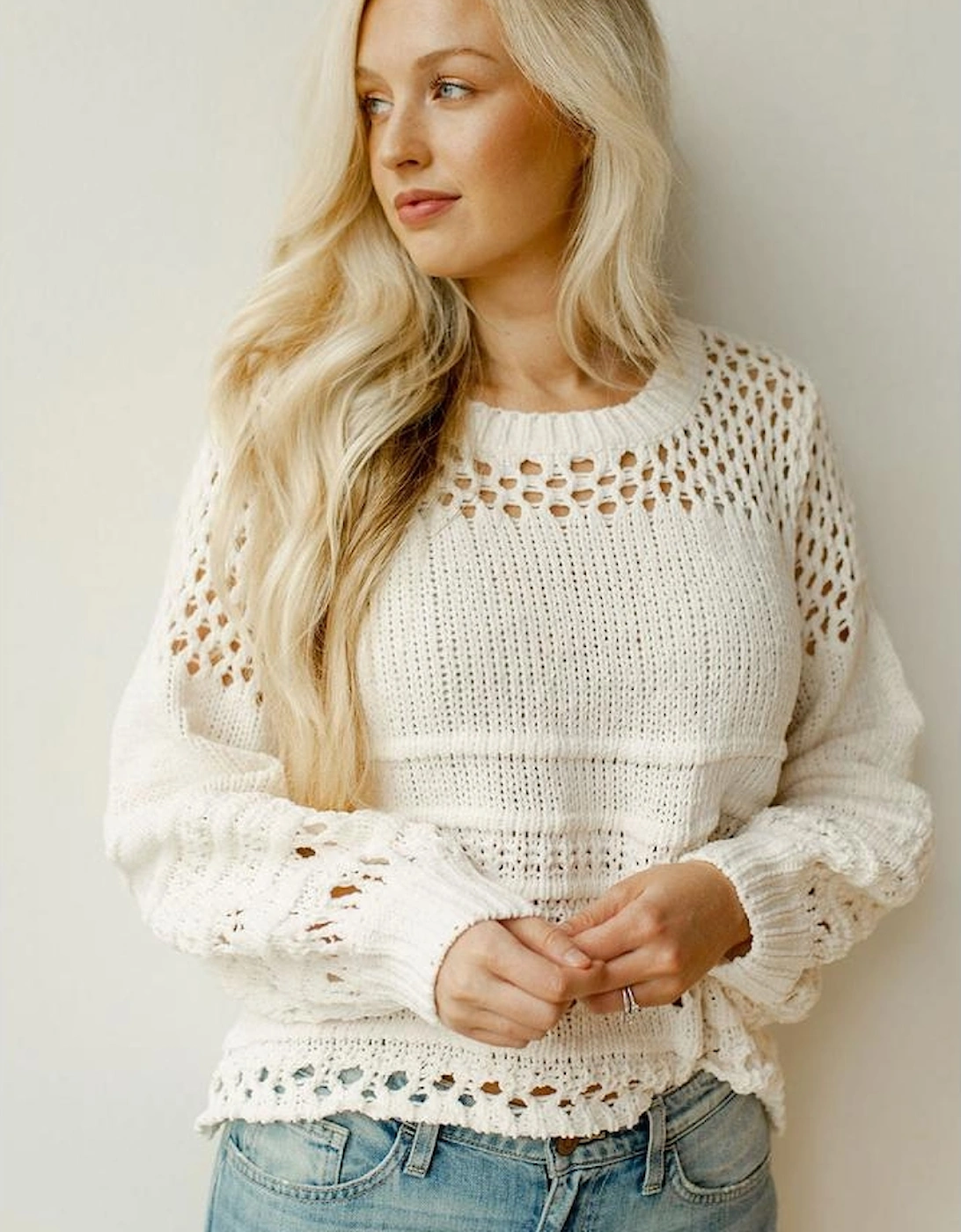 White Solid Color Pointelle Knit Puff Sleeve Sweater