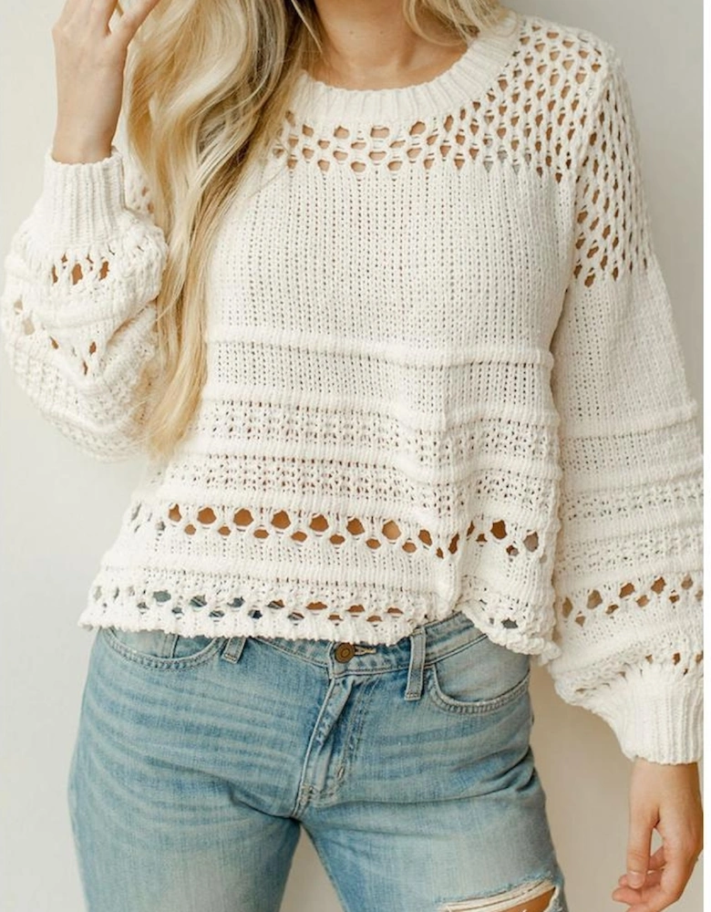 White Solid Color Pointelle Knit Puff Sleeve Sweater