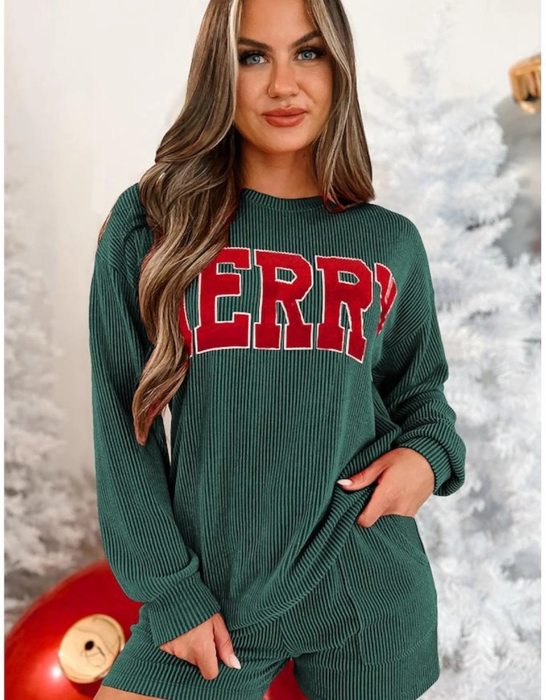 Evergreen Corded MERRY Graphic Long Sleeve Top and Shorts Set