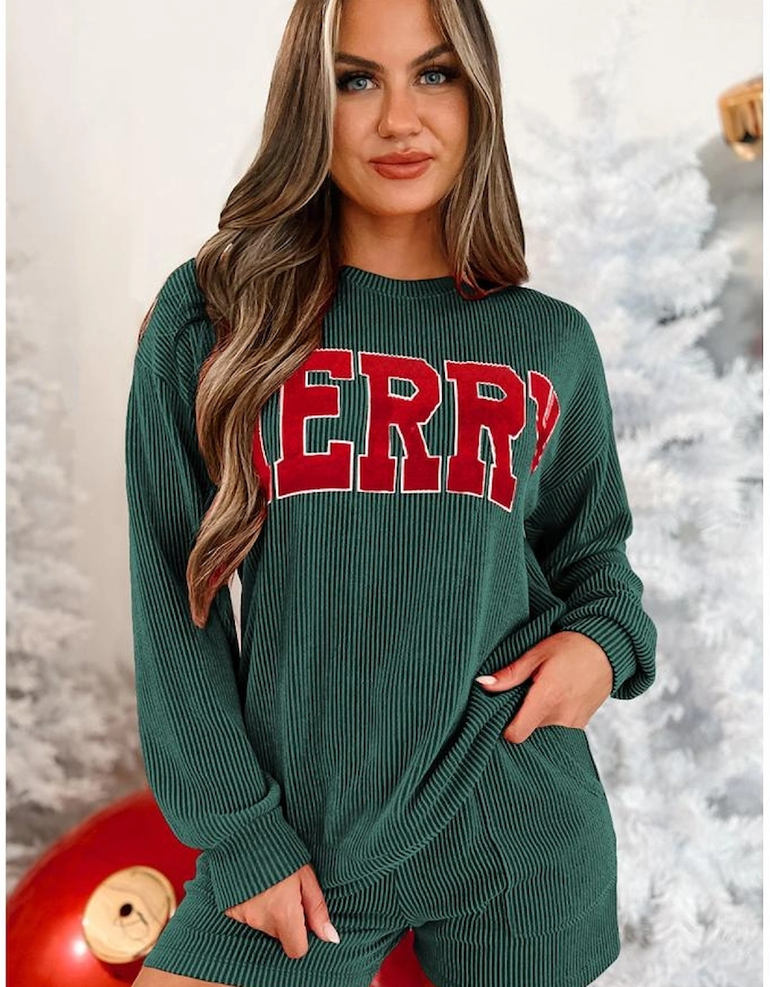 Evergreen Corded MERRY Graphic Long Sleeve Top and Shorts Set