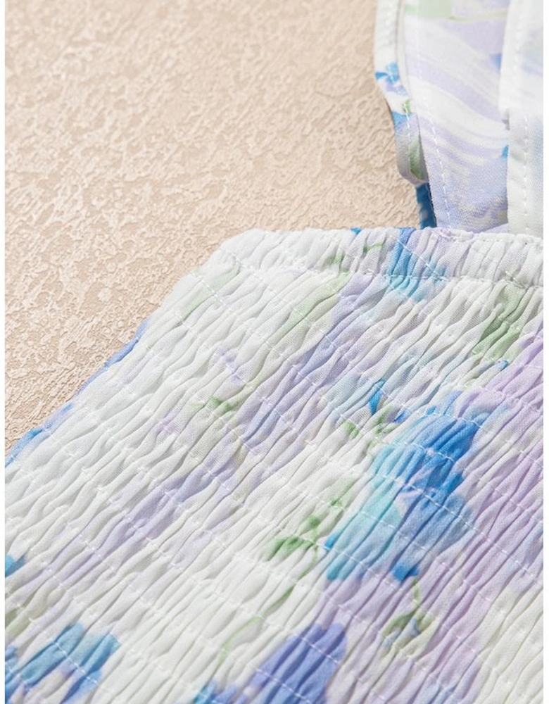 Sky Blue Floral Smocked High Waist Double Ruffle Sleeveless Long Dress