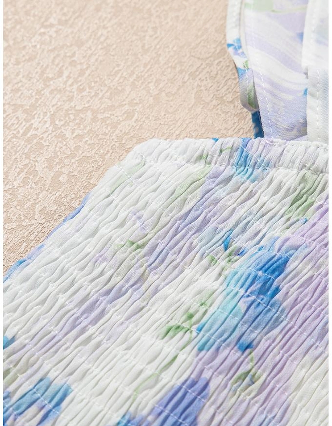 Sky Blue Floral Smocked High Waist Double Ruffle Sleeveless Long Dress