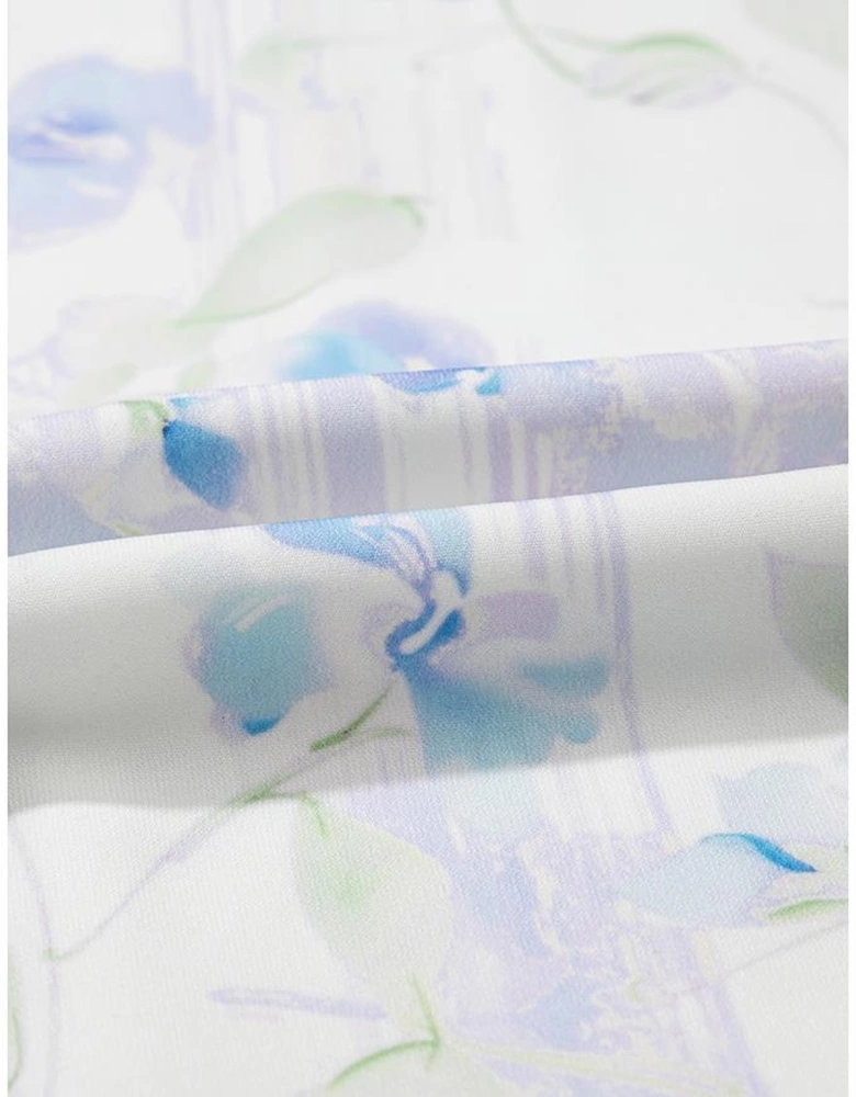 Sky Blue Floral Smocked High Waist Double Ruffle Sleeveless Long Dress