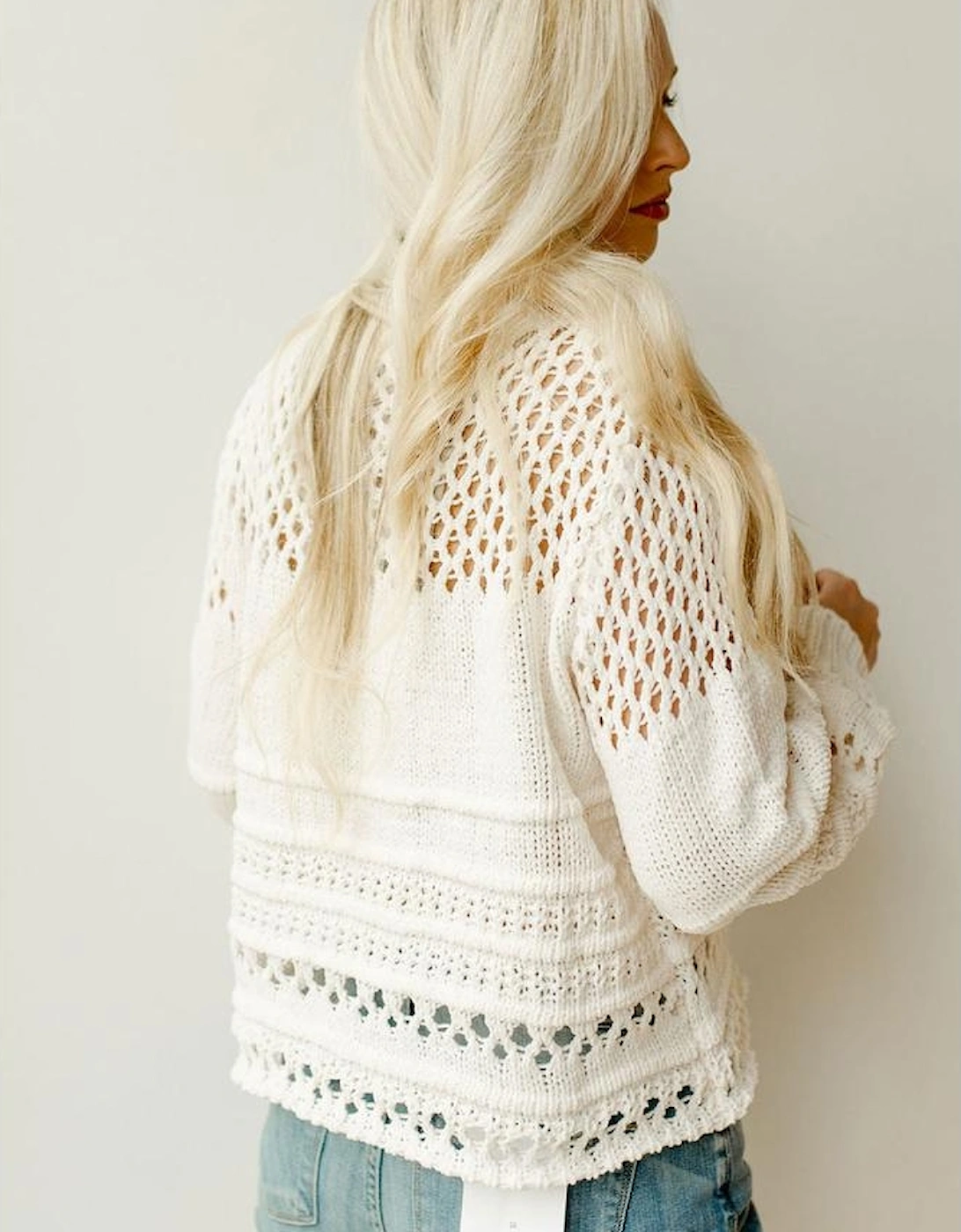 White Solid Color Pointelle Knit Puff Sleeve Sweater, 7 of 6