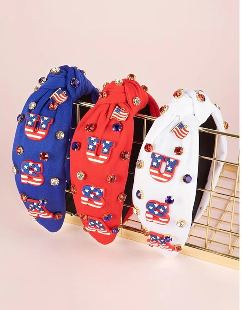 Dark Blue USA Flag Gemstone Decor Knotted Wide Headband