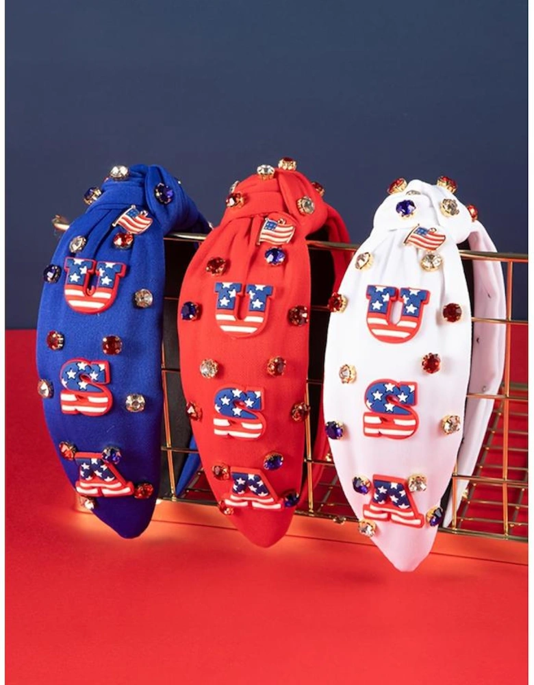 Dark Blue USA Flag Gemstone Decor Knotted Wide Headband