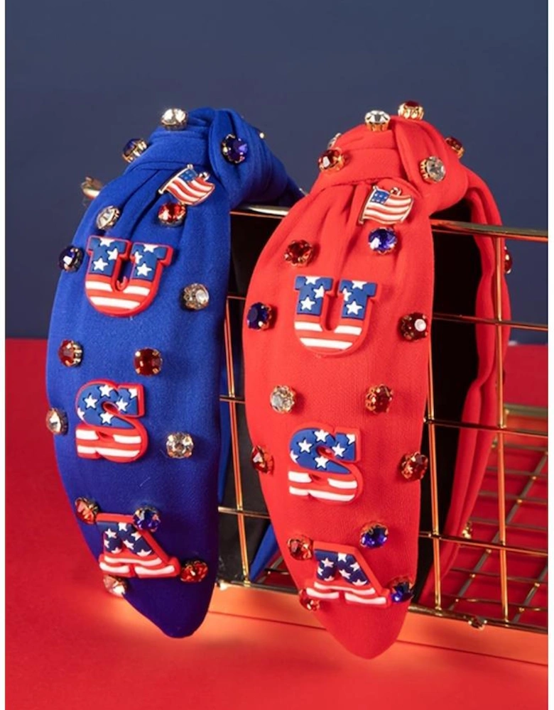 Dark Blue USA Flag Gemstone Decor Knotted Wide Headband