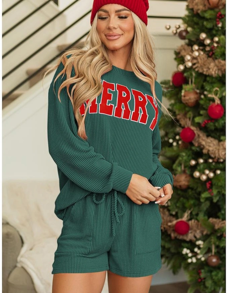 Evergreen Corded MERRY Graphic Long Sleeve Top and Shorts Set