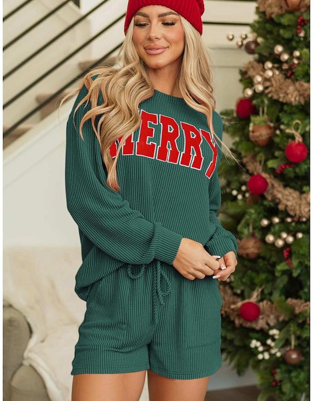 Evergreen Corded MERRY Graphic Long Sleeve Top and Shorts Set