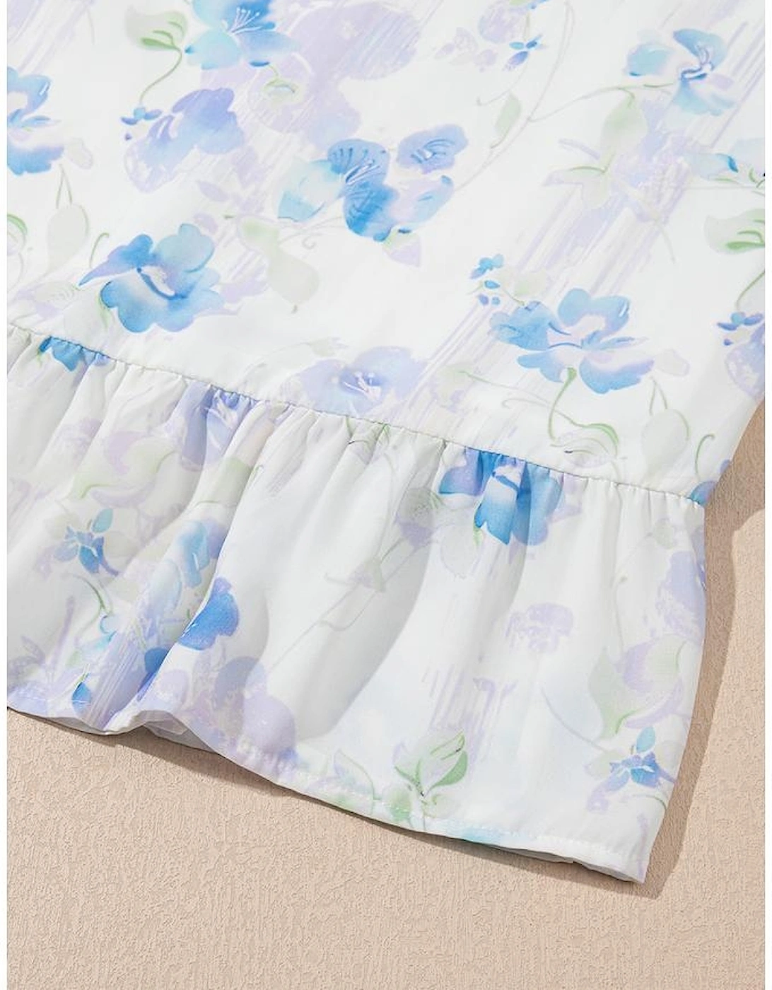 Sky Blue Floral Smocked High Waist Double Ruffle Sleeveless Long Dress