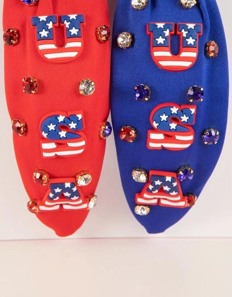 Dark Blue USA Flag Gemstone Decor Knotted Wide Headband