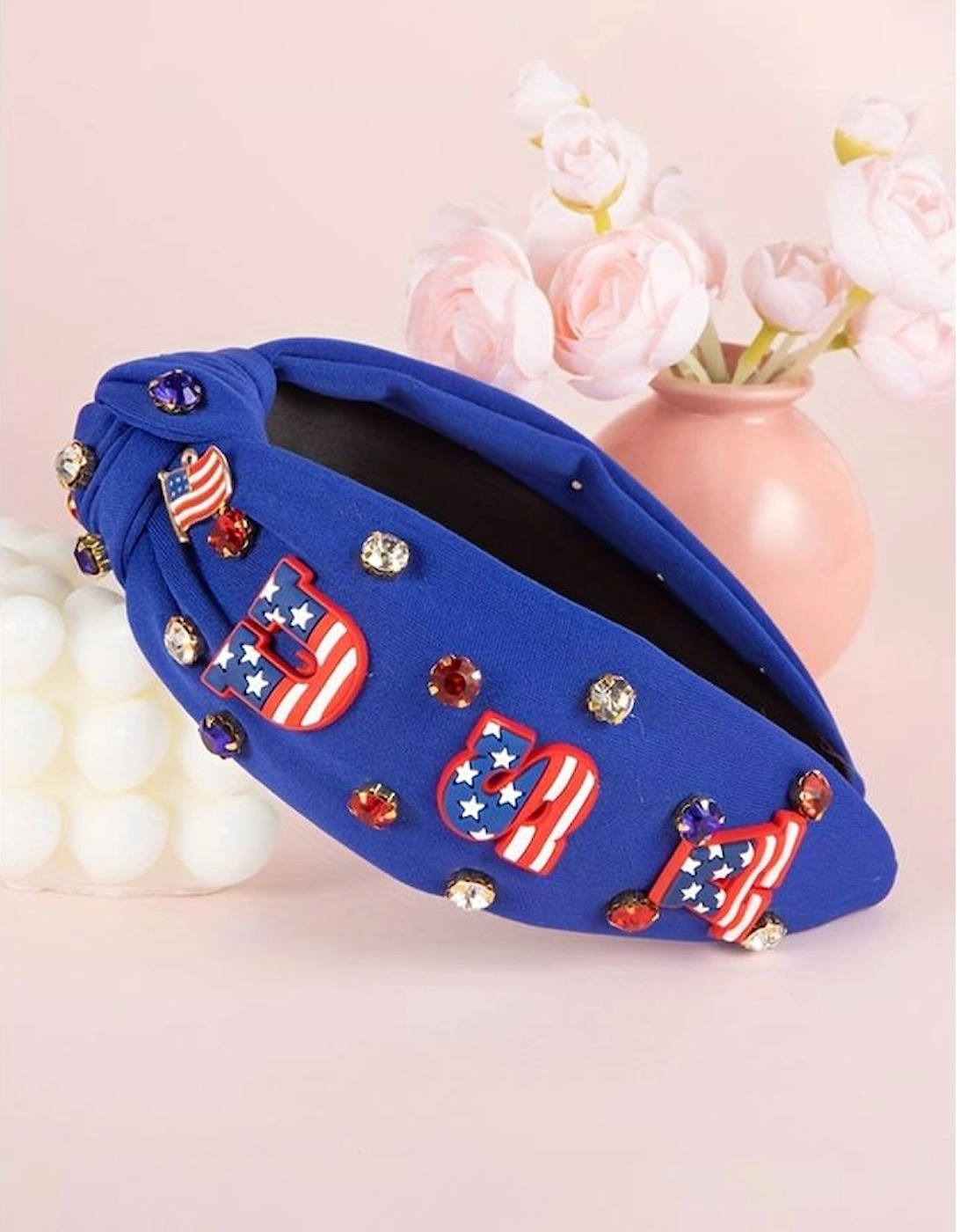 Dark Blue USA Flag Gemstone Decor Knotted Wide Headband