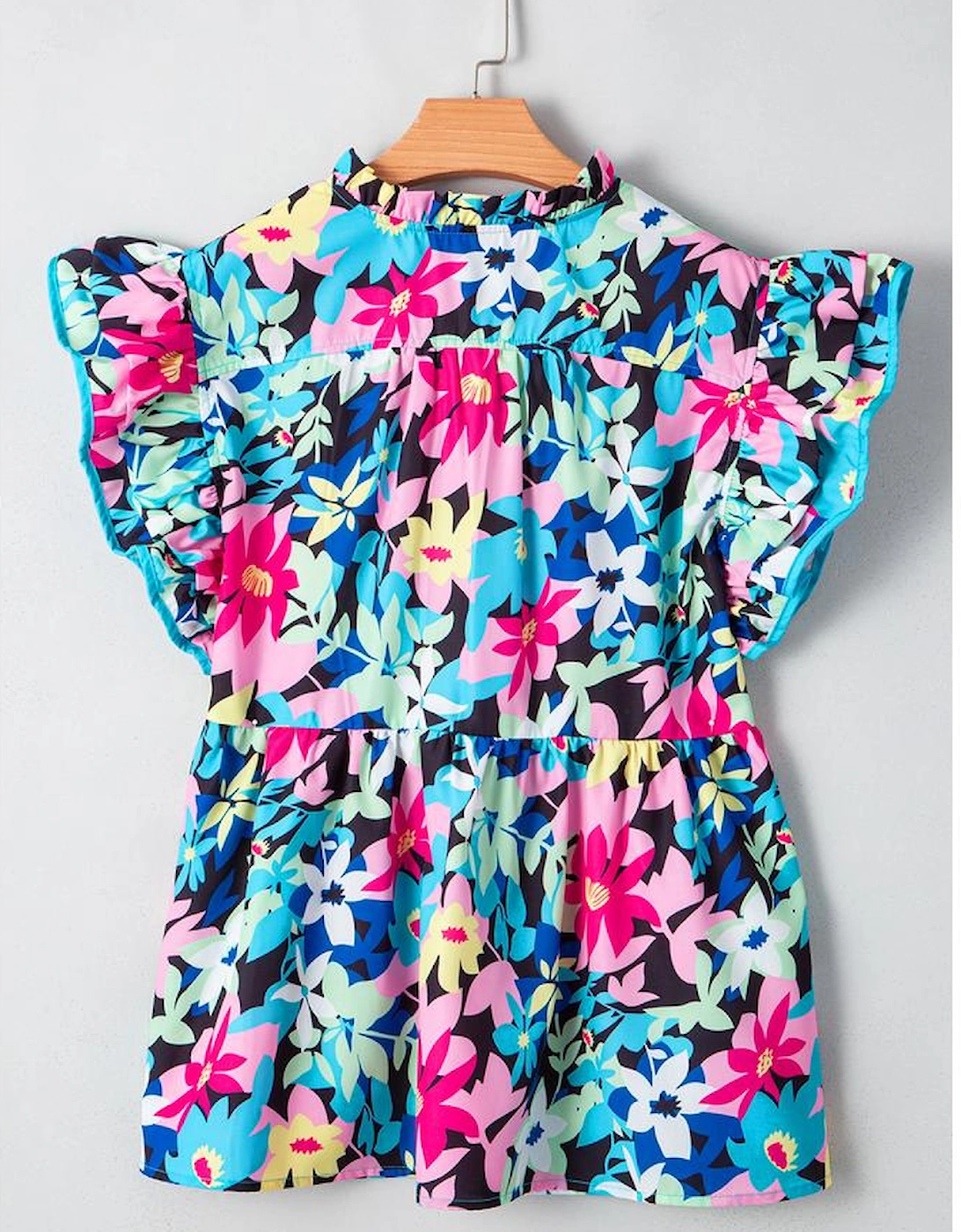Blue Floral Flutter Sleeve Tied Notched Neck Plus Size Blouse
