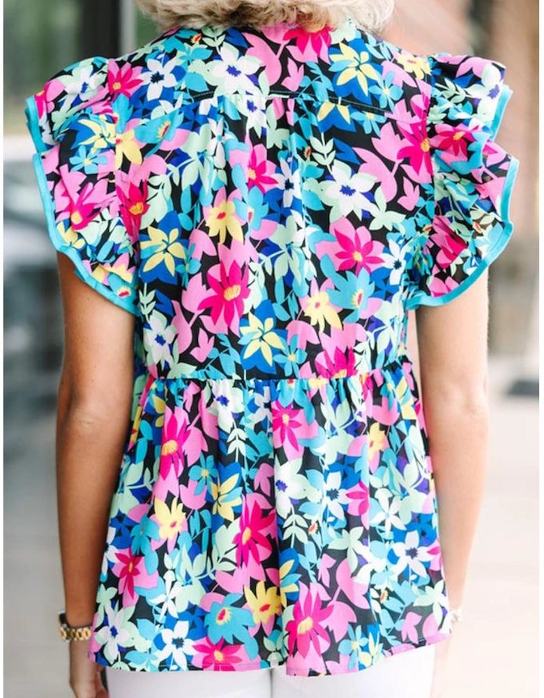 Blue Floral Flutter Sleeve Tied Notched Neck Plus Size Blouse