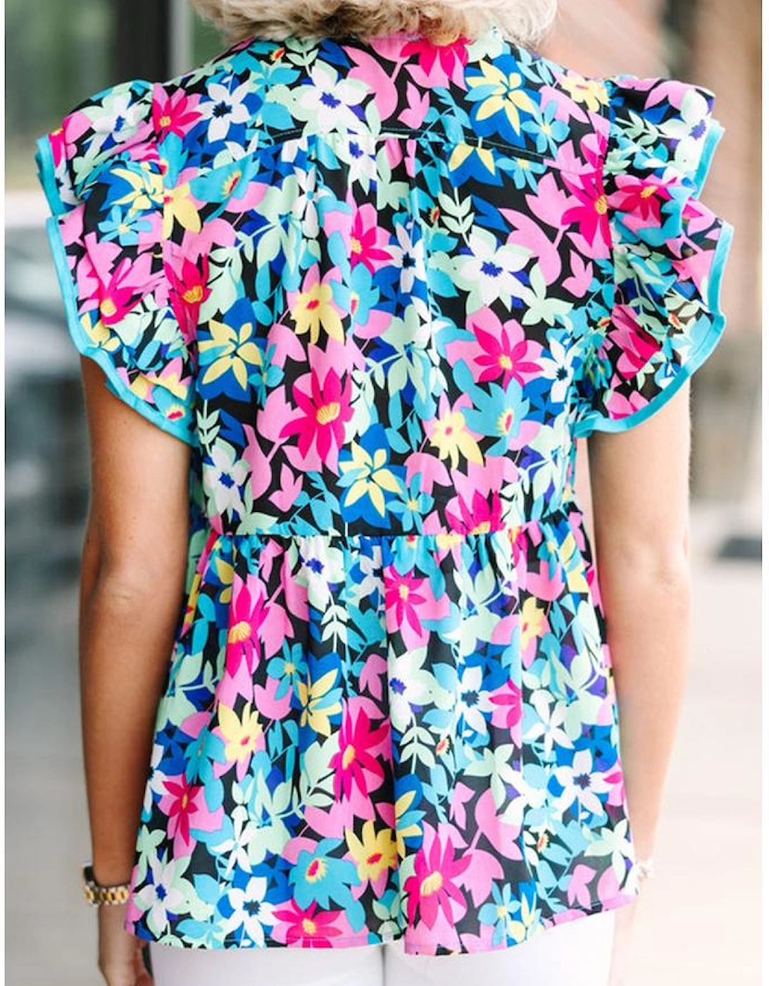 Blue Floral Flutter Sleeve Tied Notched Neck Plus Size Blouse, 13 of 12