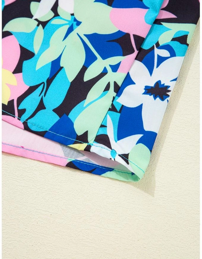 Blue Floral Flutter Sleeve Tied Notched Neck Plus Size Blouse