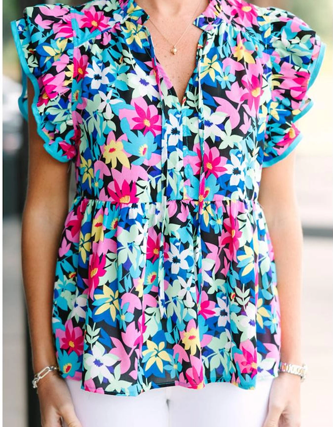 Blue Floral Flutter Sleeve Tied Notched Neck Plus Size Blouse