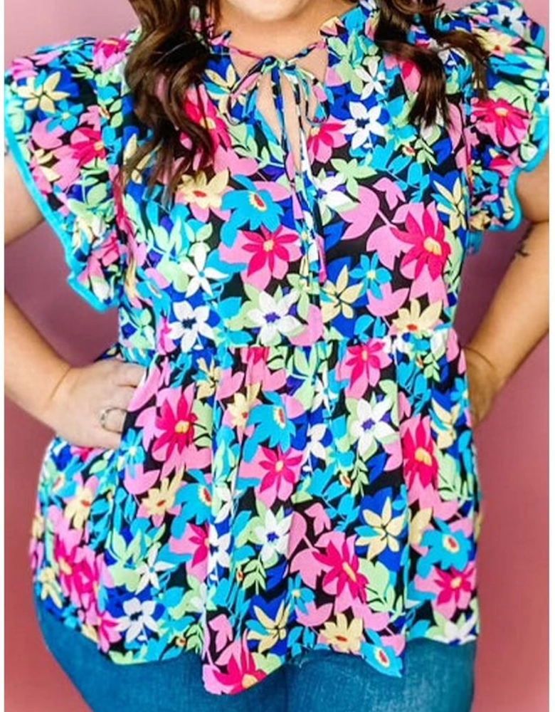 Blue Floral Flutter Sleeve Tied Notched Neck Plus Size Blouse
