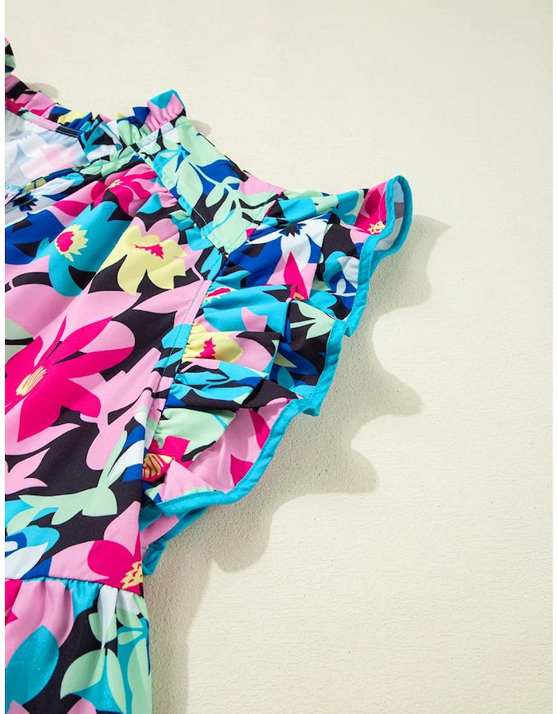 Blue Floral Flutter Sleeve Tied Notched Neck Plus Size Blouse