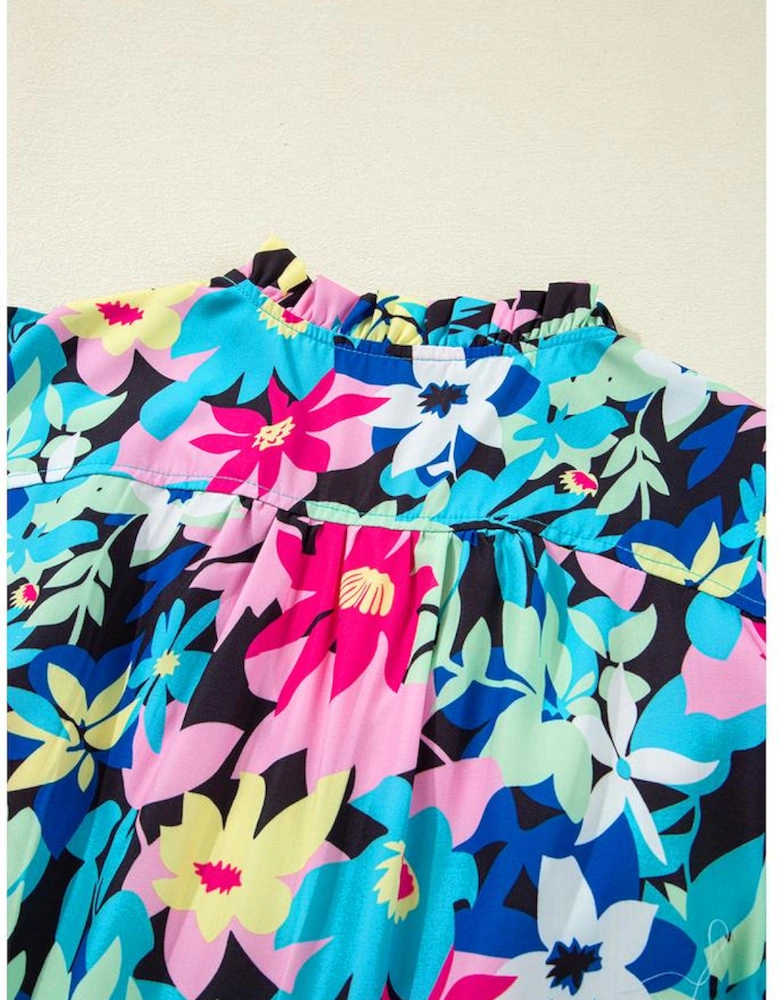 Blue Floral Flutter Sleeve Tied Notched Neck Plus Size Blouse