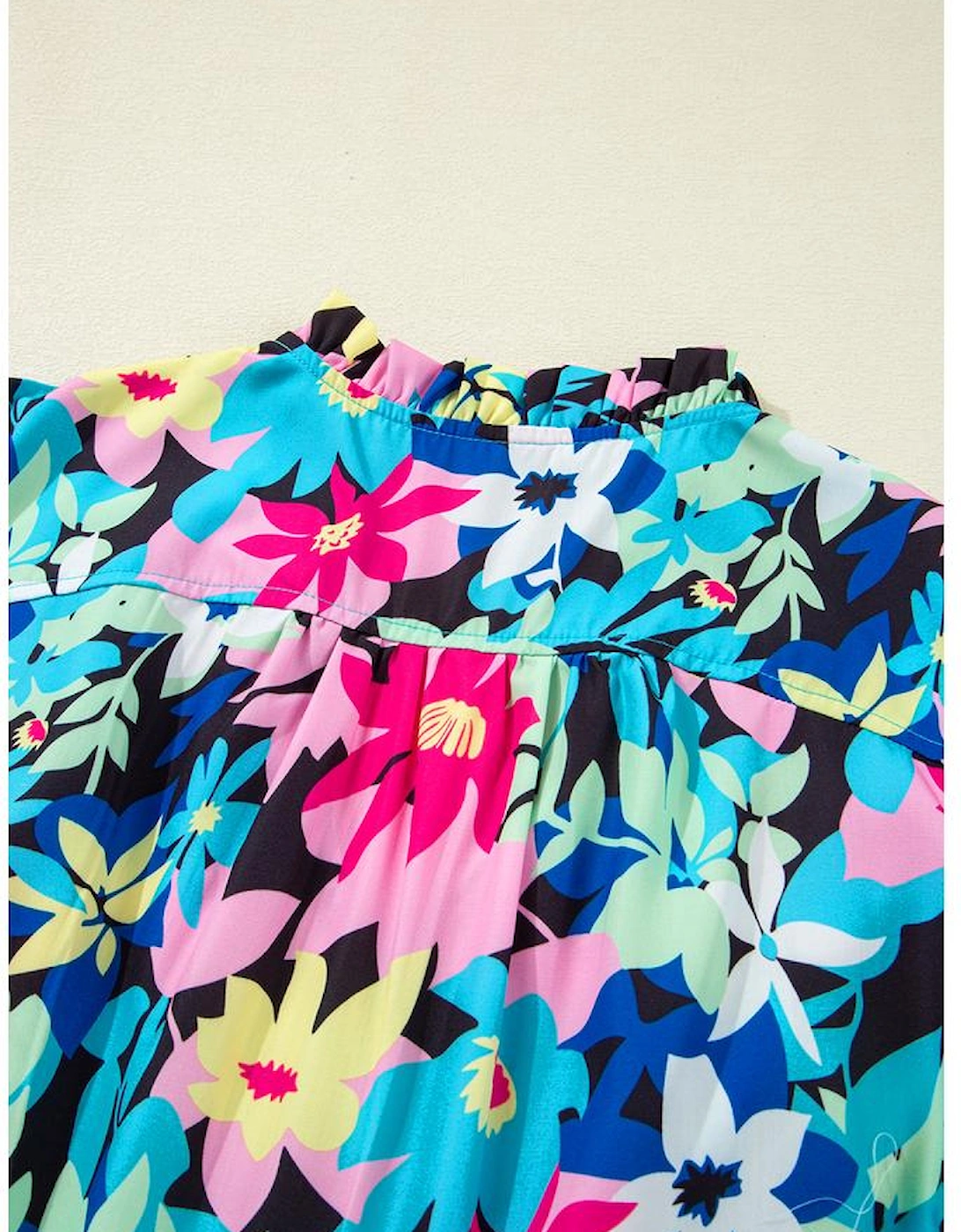 Blue Floral Flutter Sleeve Tied Notched Neck Plus Size Blouse