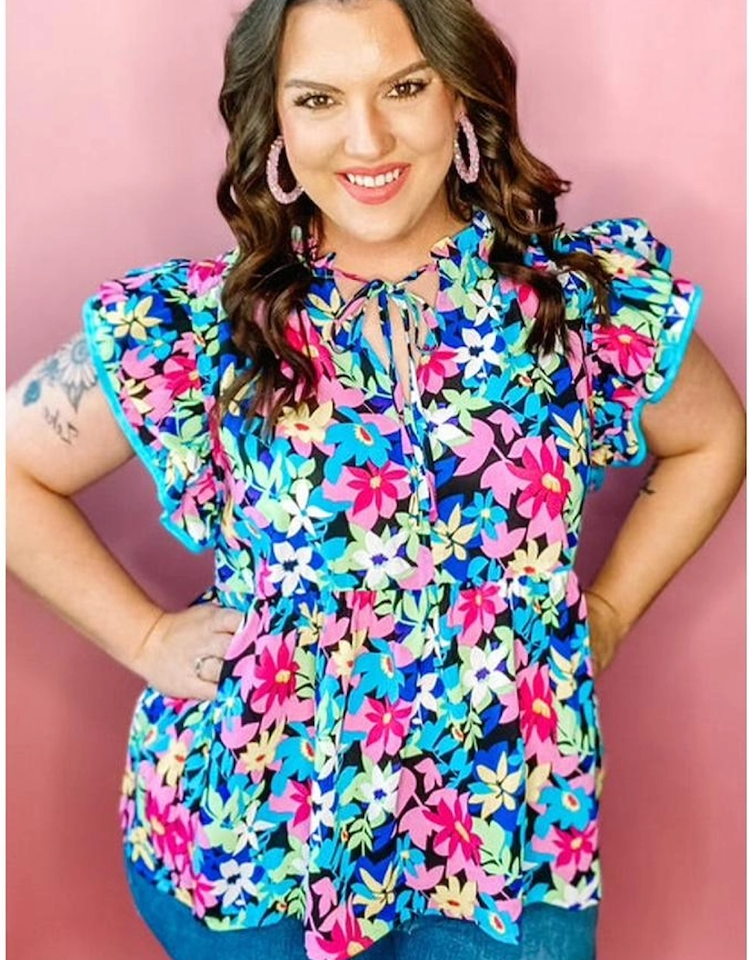 Blue Floral Flutter Sleeve Tied Notched Neck Plus Size Blouse