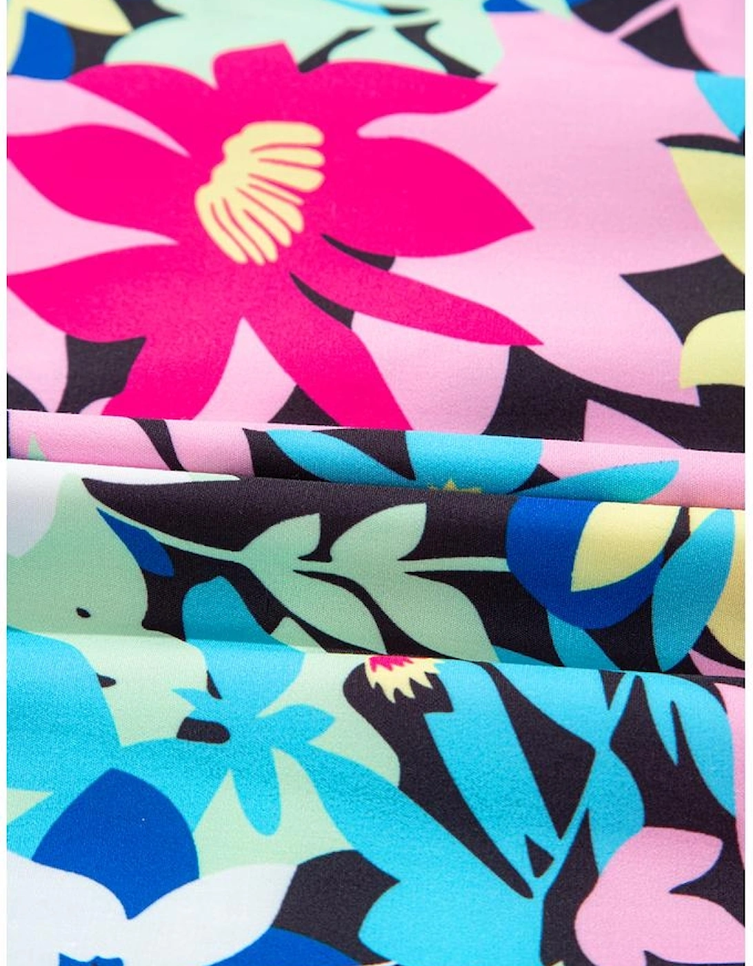 Blue Floral Flutter Sleeve Tied Notched Neck Plus Size Blouse