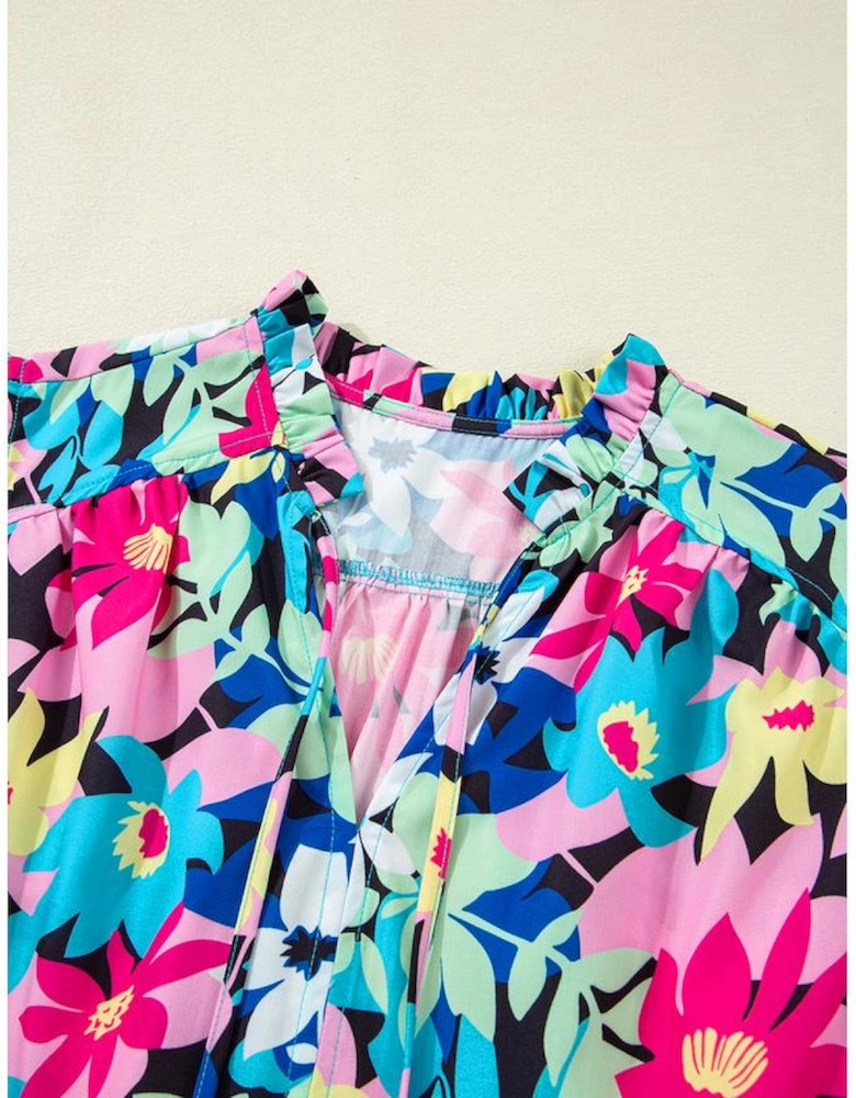 Blue Floral Flutter Sleeve Tied Notched Neck Plus Size Blouse