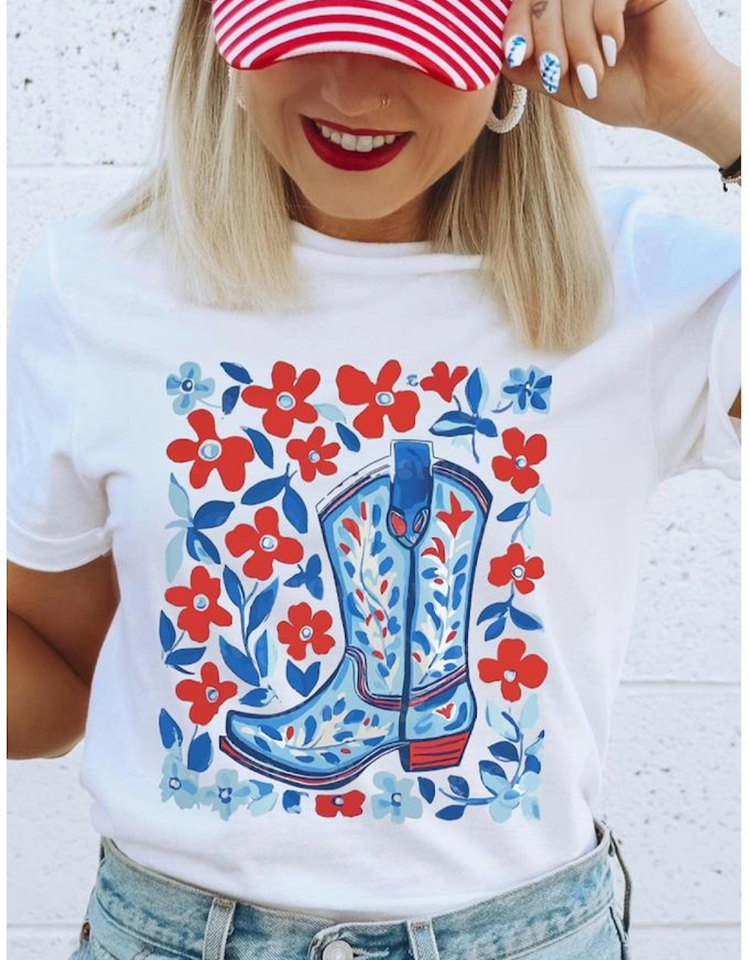 White Floral Western Boots Printed Cotton Blend T Shirt