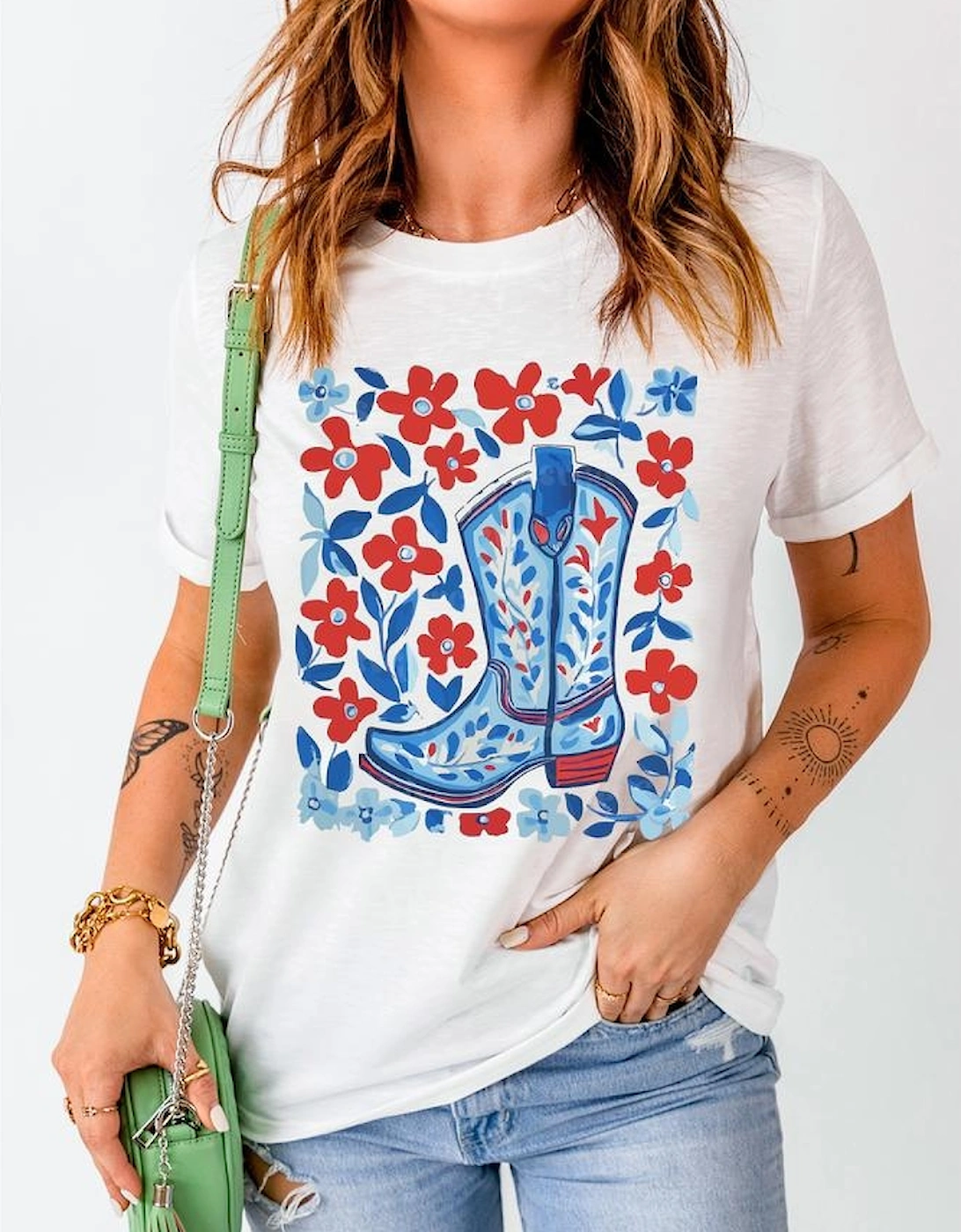 White Floral Western Boots Printed Cotton Blend T Shirt