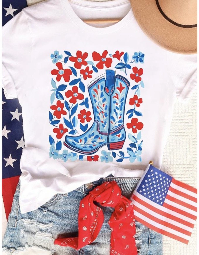White Floral Western Boots Printed Cotton Blend T Shirt